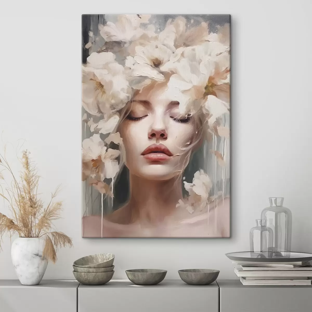 Obraz Portret kobiety z białymi kwiatami s45218