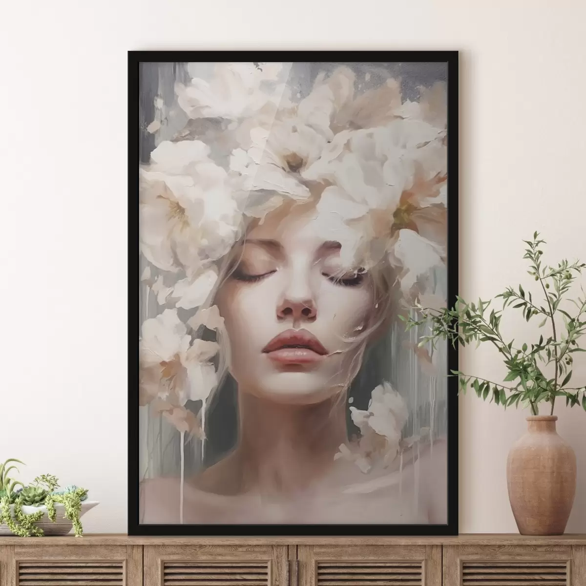 Plakat Portret kobiety z białymi kwiatami f45218