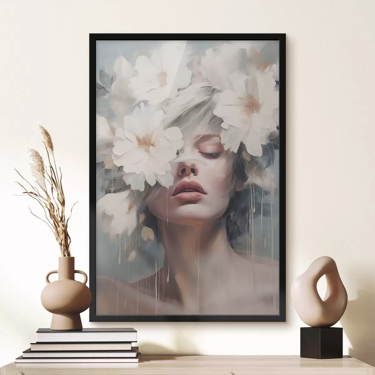 Plakat Portret kobiety z białymi kwiatami f45219