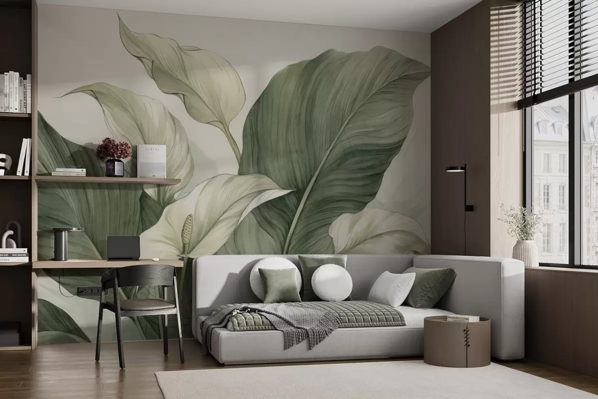 Fototapeta Zbliżenie kwitnącego spathiphyllum z dużymi liśćmi w04263