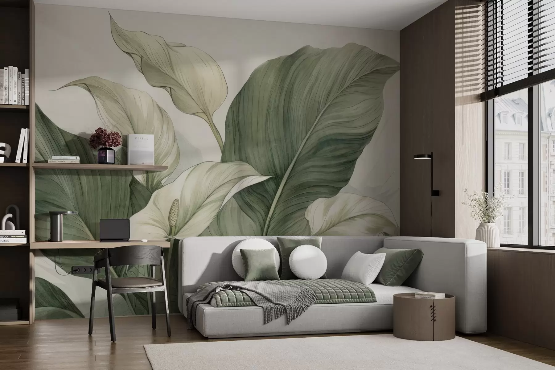 Fototapeta Zbliżenie kwitnącego spathiphyllum z dużymi liśćmi w04263
