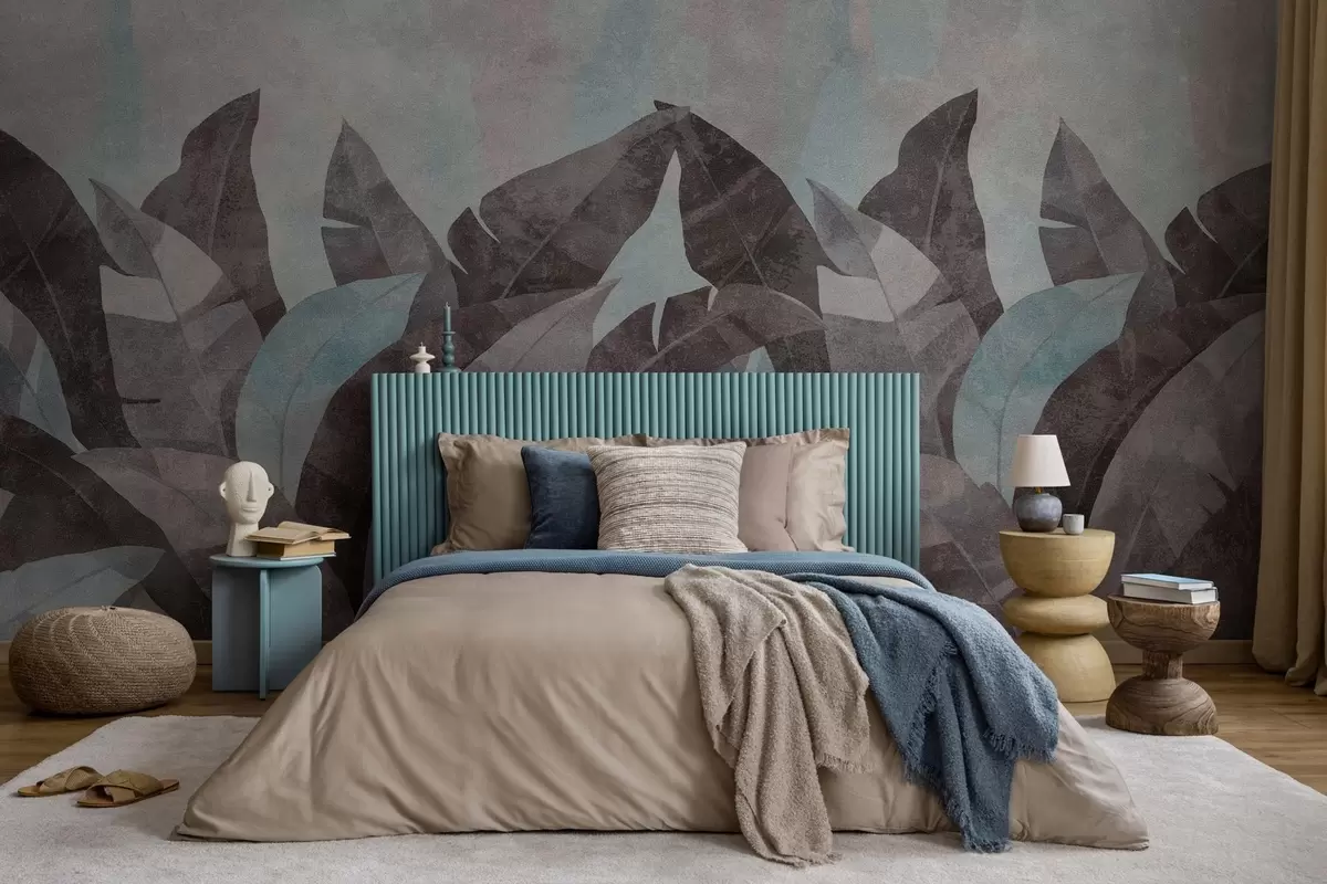 Fototapeta teksturowane liście bananowca w odcieniach niebieskiego i szarego w04285v2