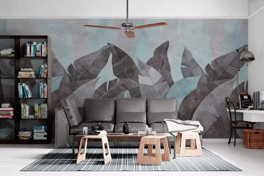 Fototapeta teksturowane liście bananowca w odcieniach niebieskiego i szarego w04285v2