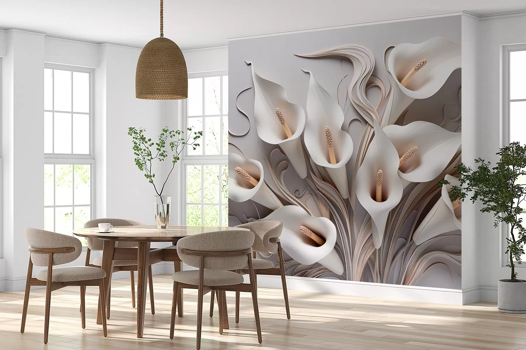 Fototapeta Wolumetryczne lilie calla w kremowych odcieniach z efektem 3D w09281