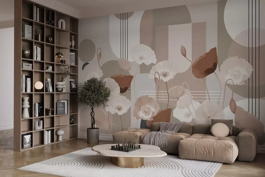 Fototapeta Maki w białych i beżowych kolorach z geometrycznymi kształtami w tle, koła i łuki, minimalistyczny styl, delikatne kolory w09289