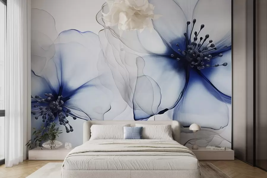 Fototapeta Dwa półprzezroczyste, teksturowane niebieskie kwiaty z widocznymi pręcikami, zachodzącymi na siebie delikatnymi płatkami i miękką, płynną teksturą w09295v1