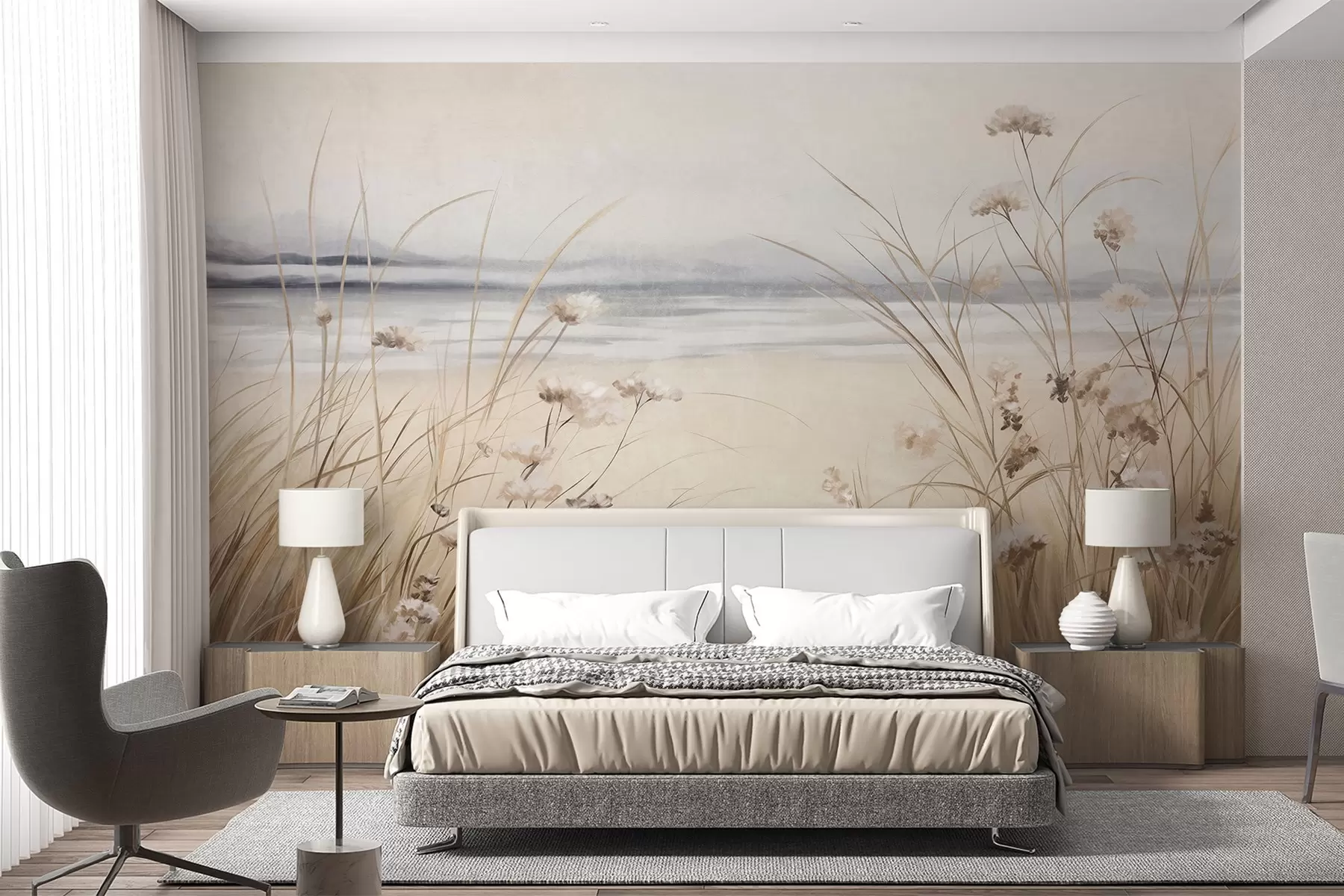 Fototapeta Pole pszenicy z białymi kwiatami na pierwszym planie, plaża i ocean w tle, neutralne pastelowe stonowane kolory w09298
