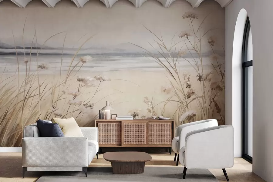 Fototapeta Pole pszenicy z białymi kwiatami na pierwszym planie, plaża i ocean w tle, neutralne pastelowe stonowane kolory w09298