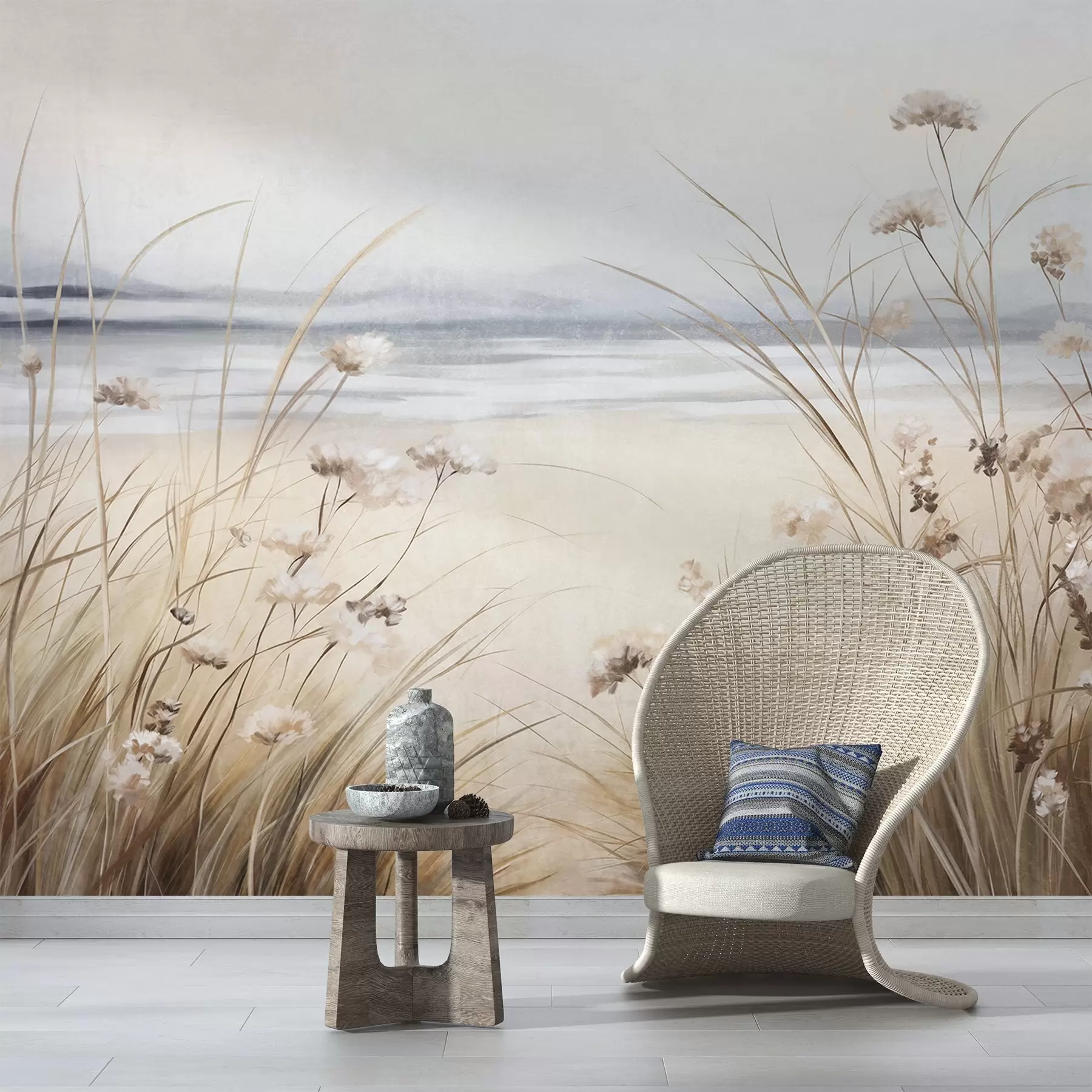 Fototapeta Pole pszenicy z białymi kwiatami na pierwszym planie, plaża i ocean w tle, neutralne pastelowe stonowane kolory w09298