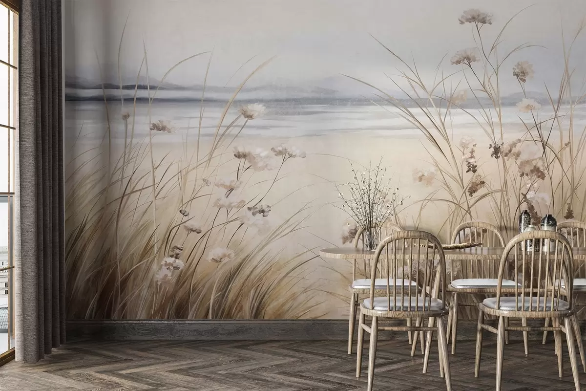 Fototapeta Pole pszenicy z białymi kwiatami na pierwszym planie, plaża i ocean w tle, neutralne pastelowe stonowane kolory w09298