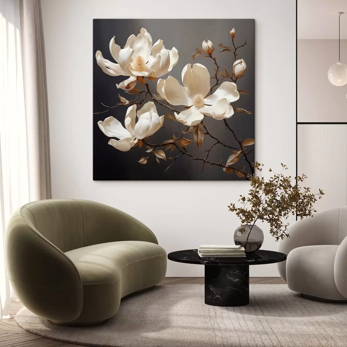 Obraz Białe magnolie na ciemnym tle w malarskim stylu s45038