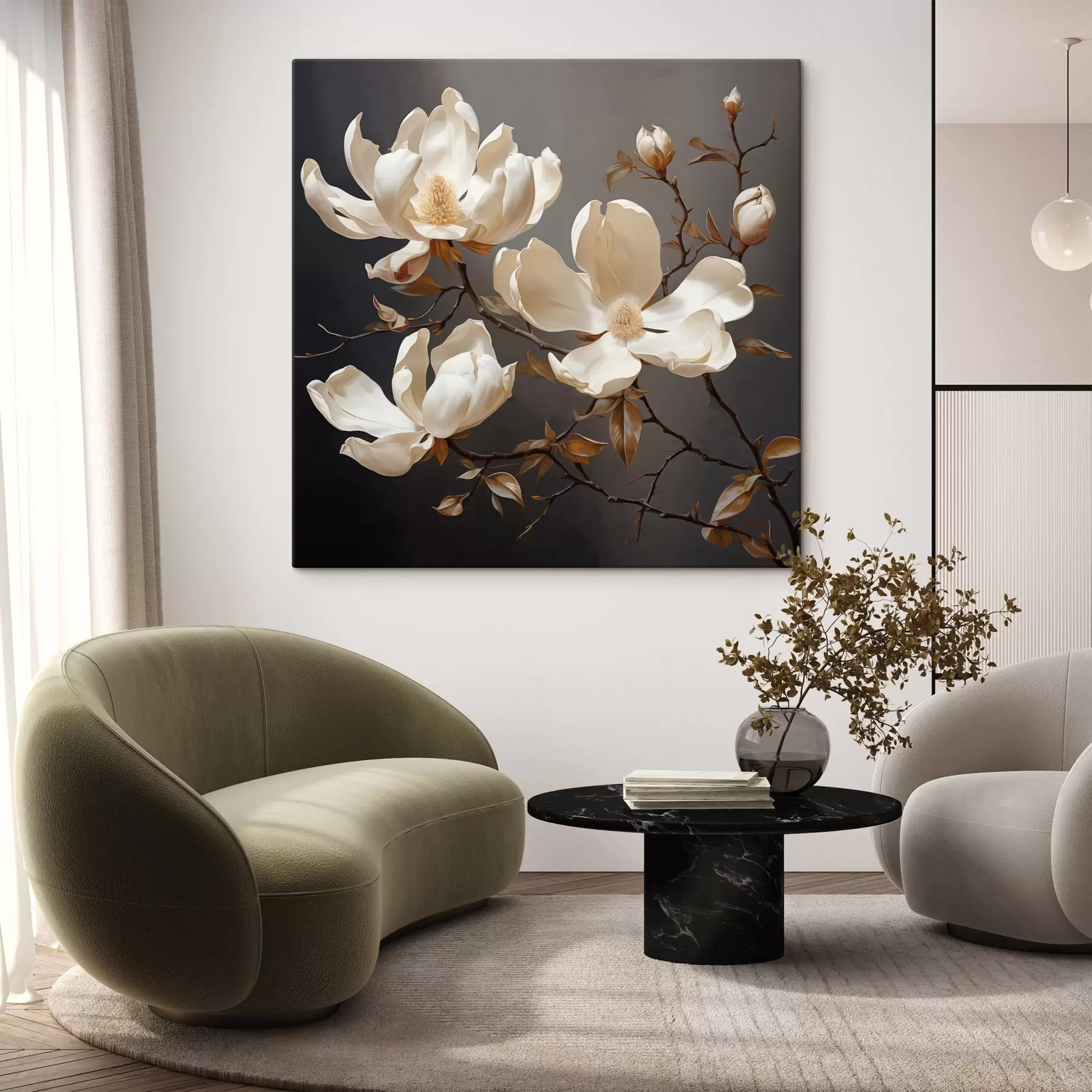 Obraz Białe magnolie na ciemnym tle w malarskim stylu s45038