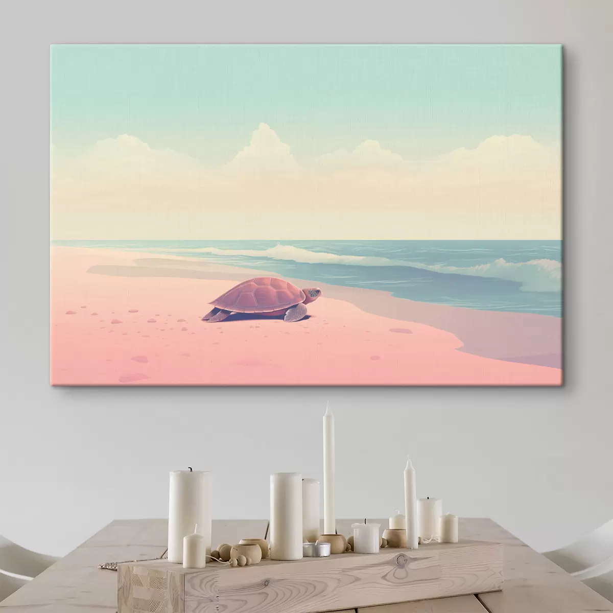 Obraz Żółw morski na różowej plaży: minimalistyczny krajobraz s45059