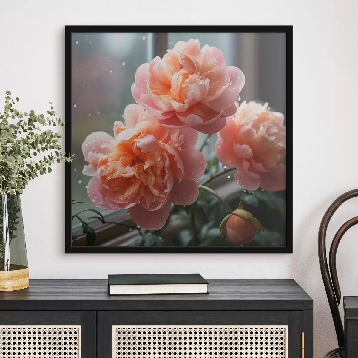 Plakat Trzy piwonie z rosą w porannym świetle f45033
