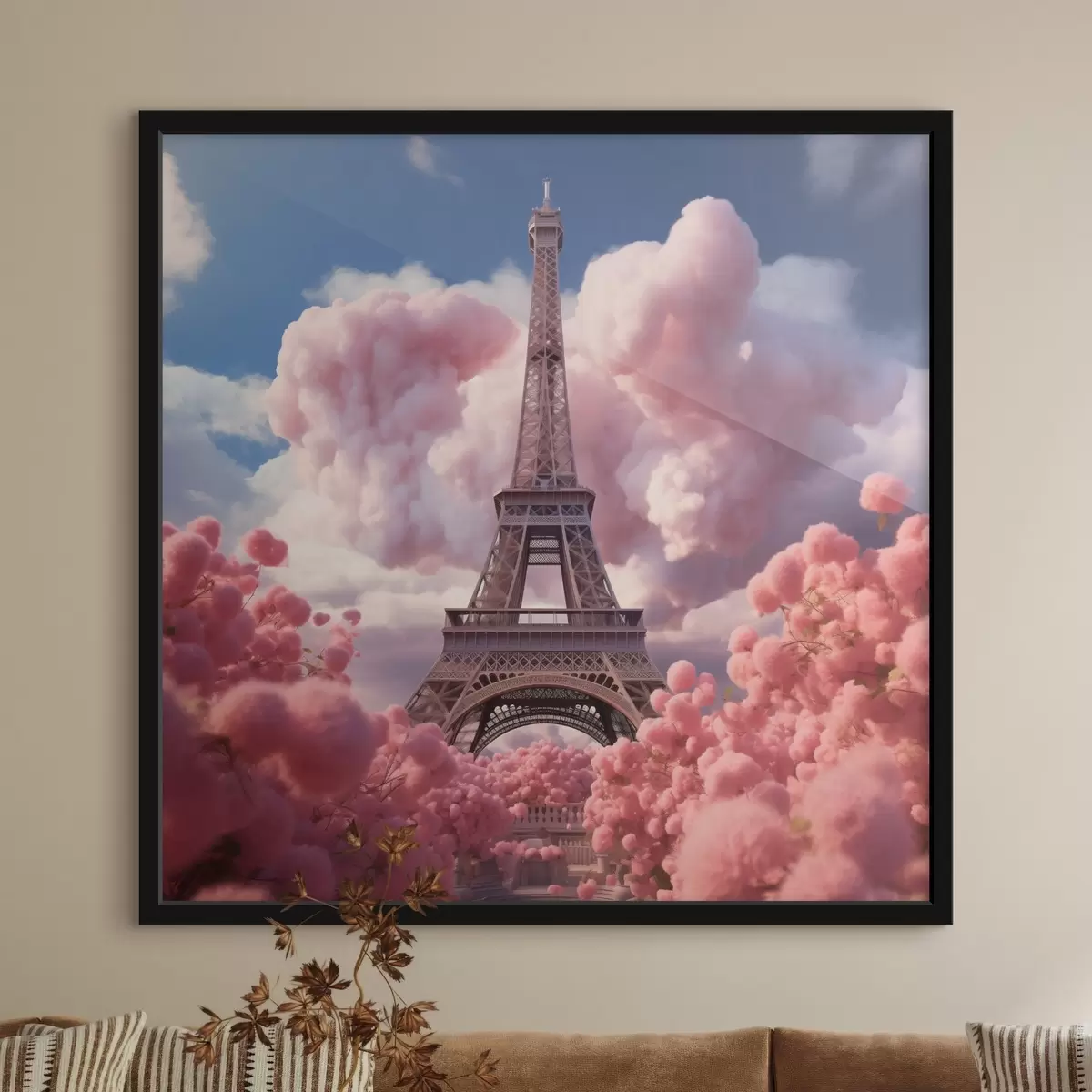 Plakat Wieża Eiffla w różowych chmurach w stylu fantasy f45036