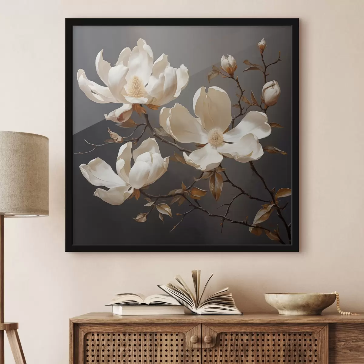 Plakat Białe magnolie na ciemnym tle w malarskim stylu f45038