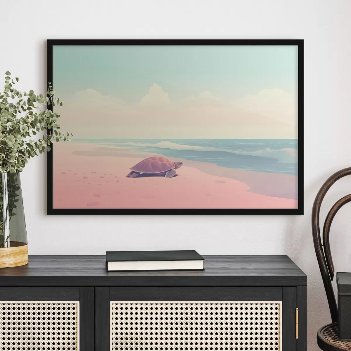 Plakat Żółw morski na różowej plaży: minimalistyczny krajobraz f45059