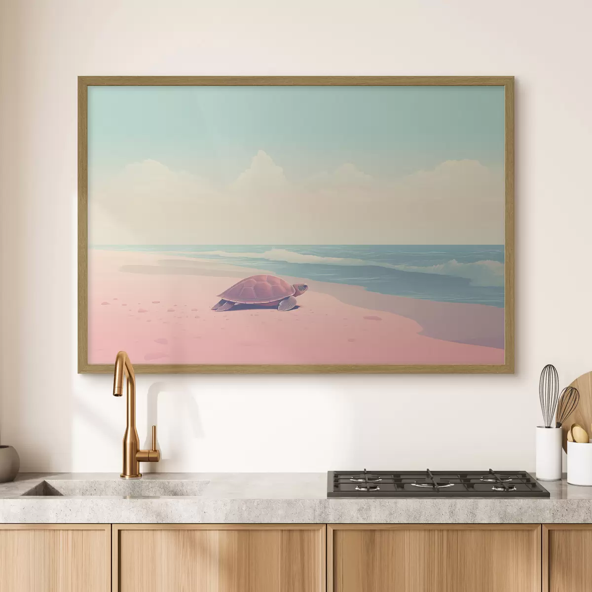 Plakat Żółw morski na różowej plaży: minimalistyczny krajobraz f45059