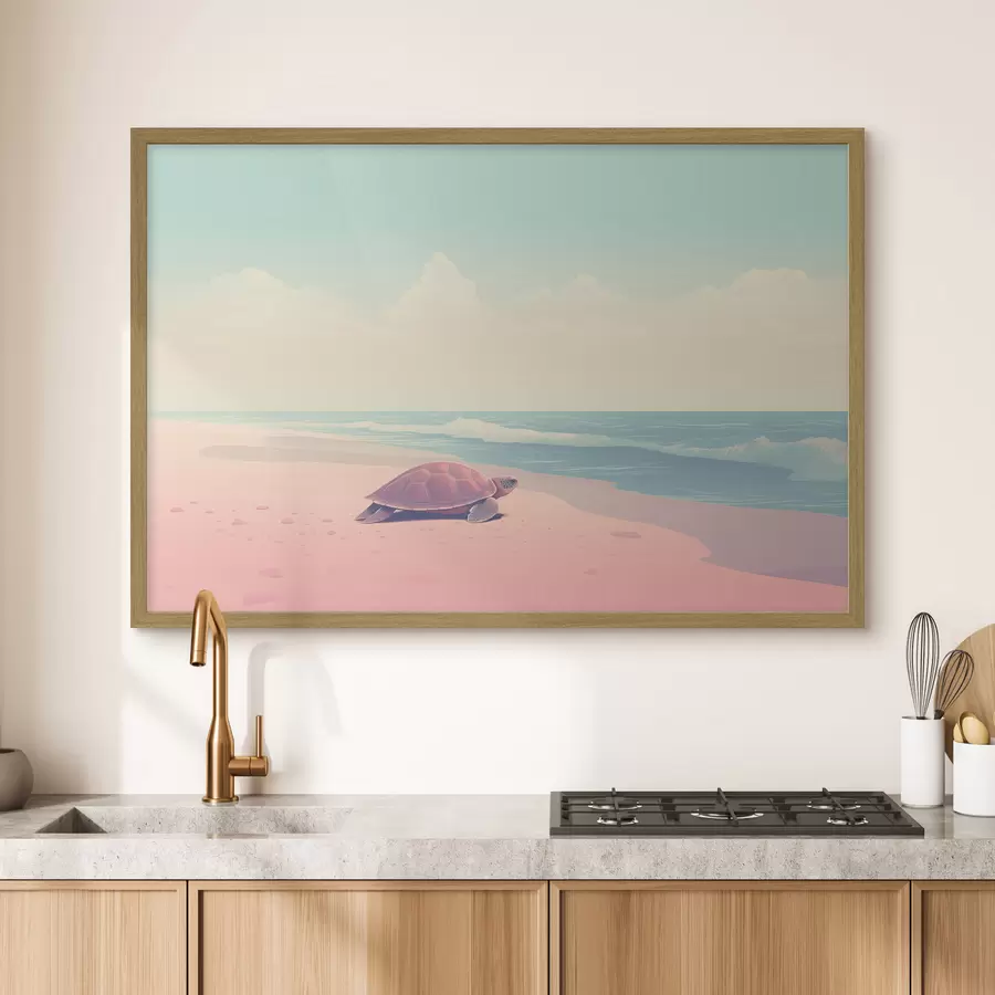 Fototapeta Żółw morski na różowej plaży: minimalistyczny krajobraz f45059