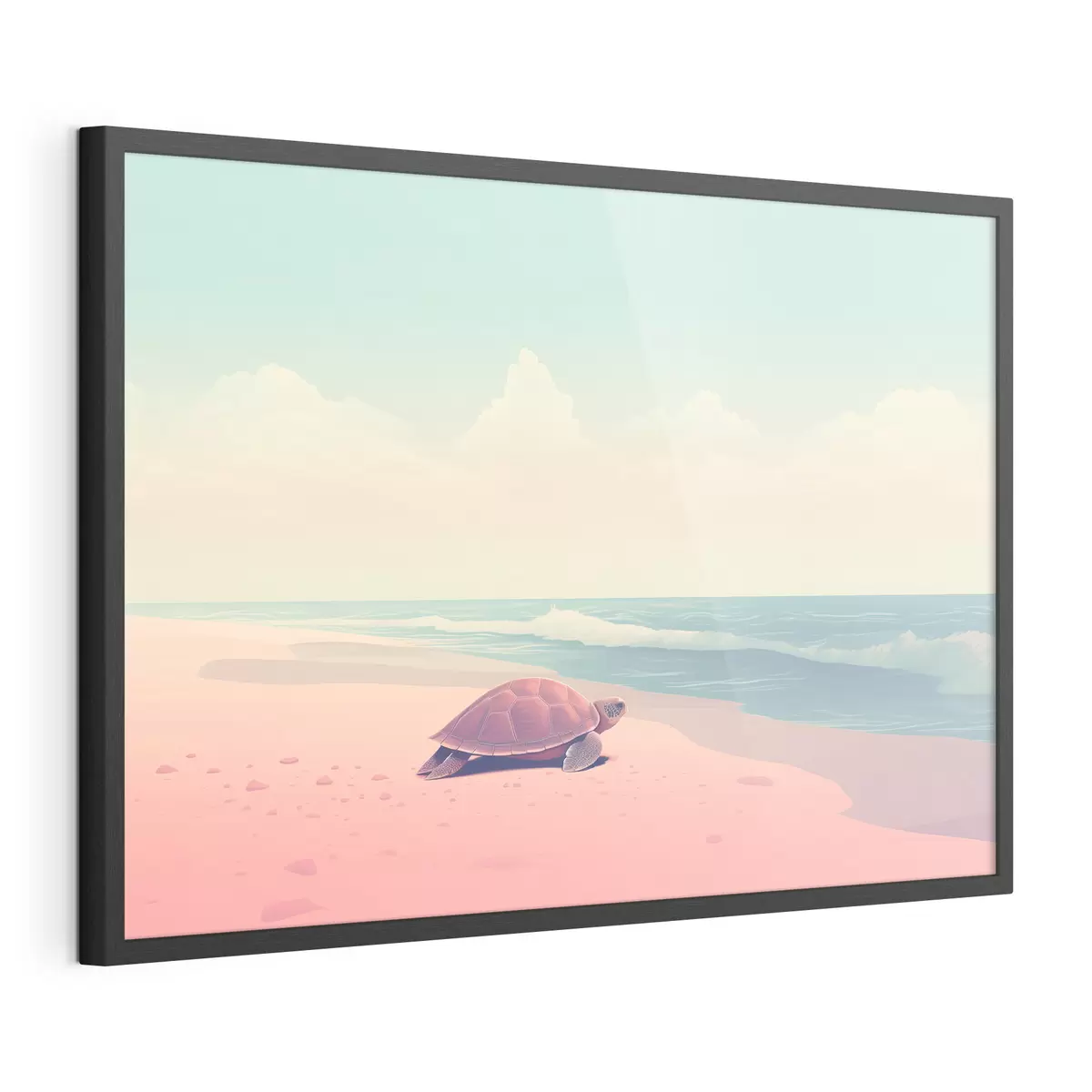 Plakat Żółw morski na różowej plaży: minimalistyczny krajobraz f45059