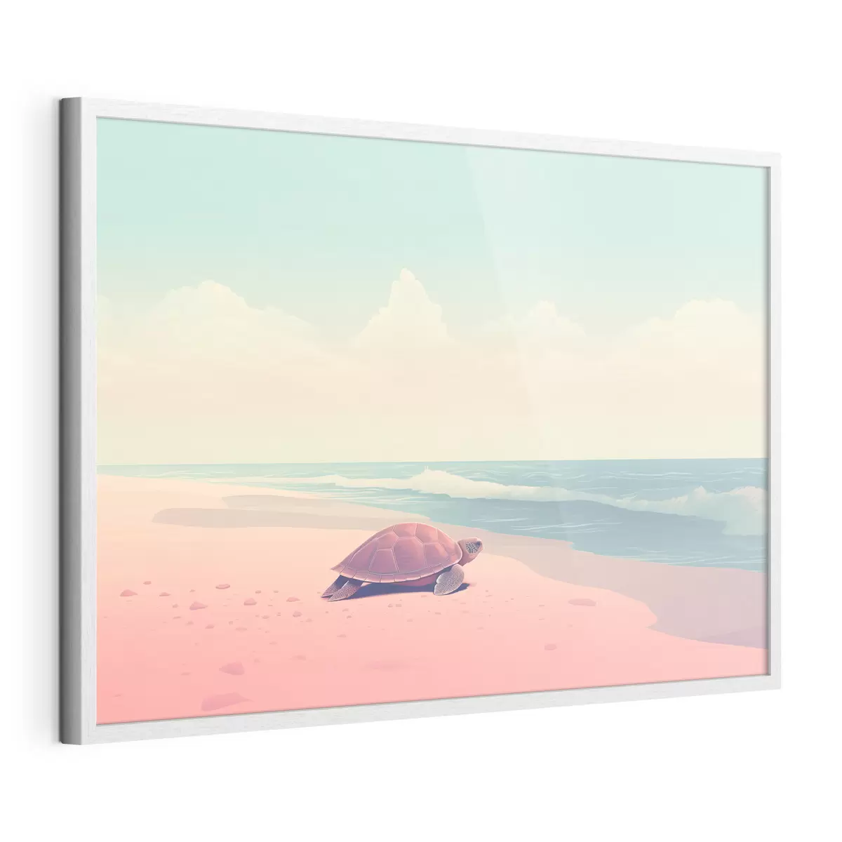 Plakat Żółw morski na różowej plaży: minimalistyczny krajobraz f45059
