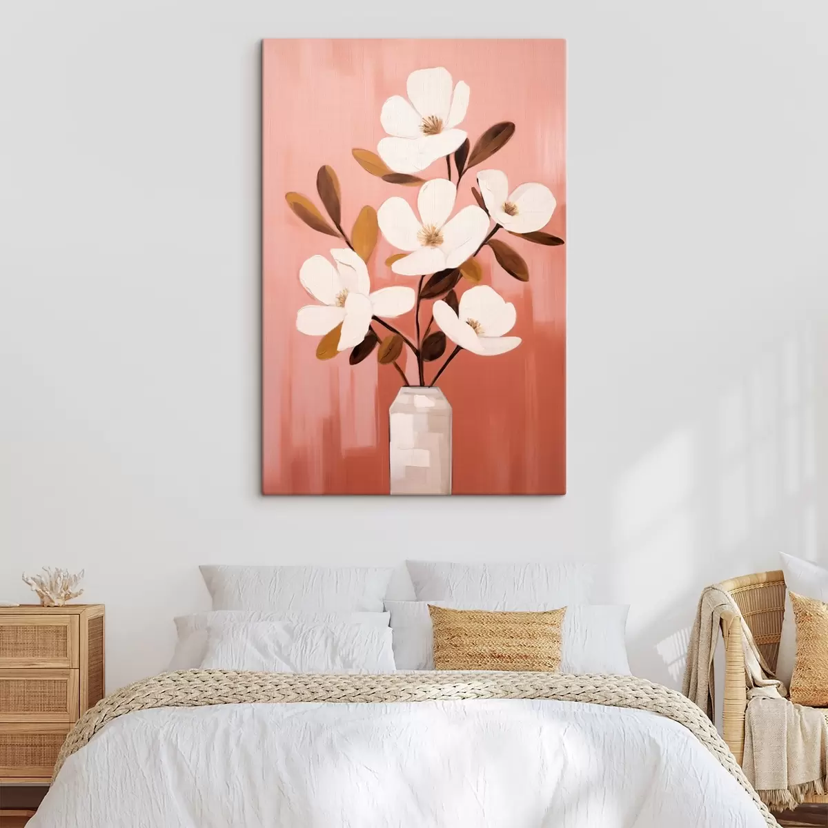 Obraz Białe magnolie w białym wazonie: minimalistyczny obraz kwiatowy s45254