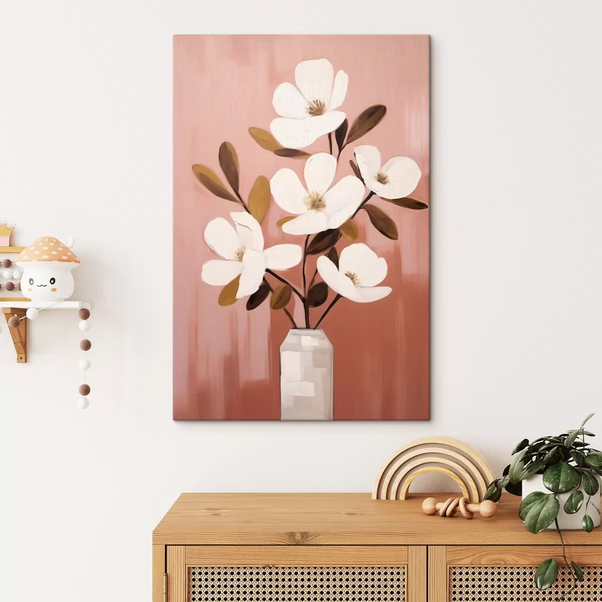 Obraz Białe magnolie w białym wazonie: minimalistyczny obraz kwiatowy s45254
