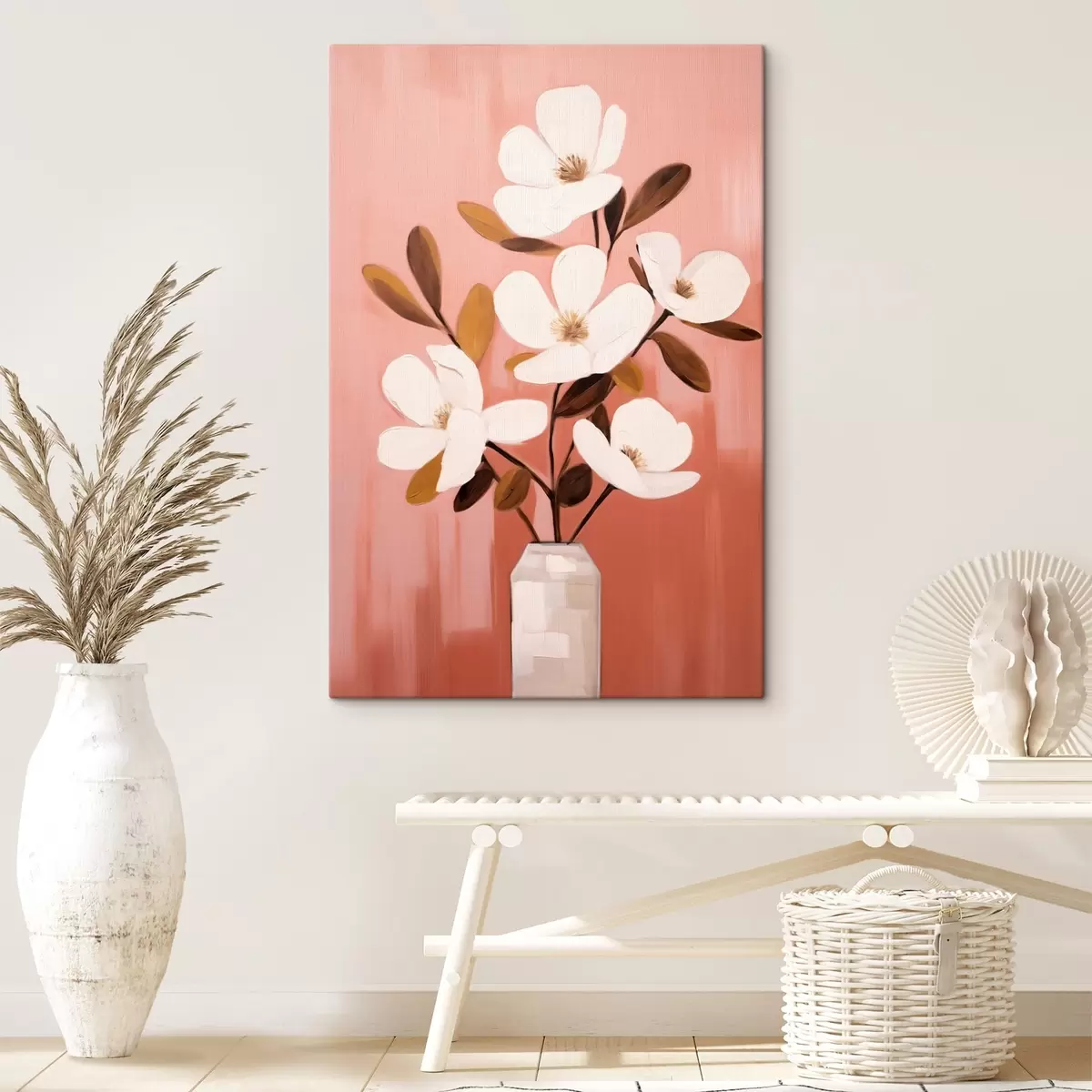 Obraz Białe magnolie w białym wazonie: minimalistyczny obraz kwiatowy s45254