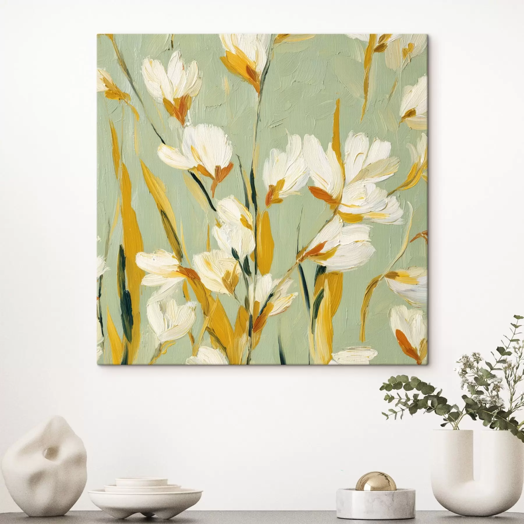 Obraz Białe kwiaty z żółtymi akcentami na miętowym tle w stylu brushstroke s45264