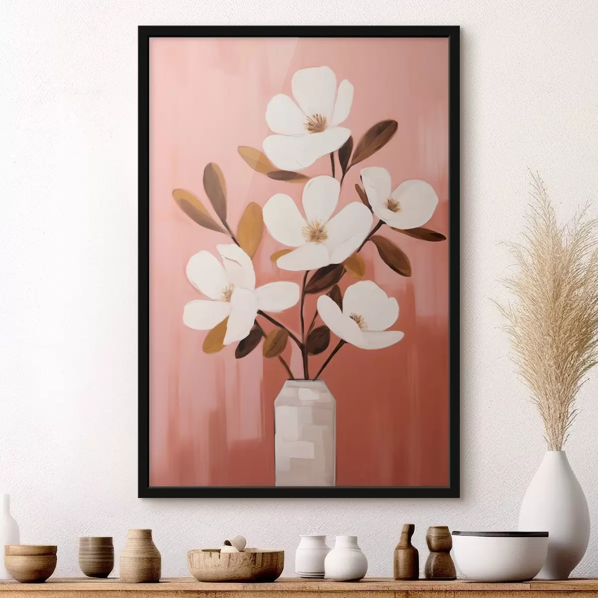 Plakat Białe magnolie w białym wazonie: minimalistyczny obraz kwiatowy f45254