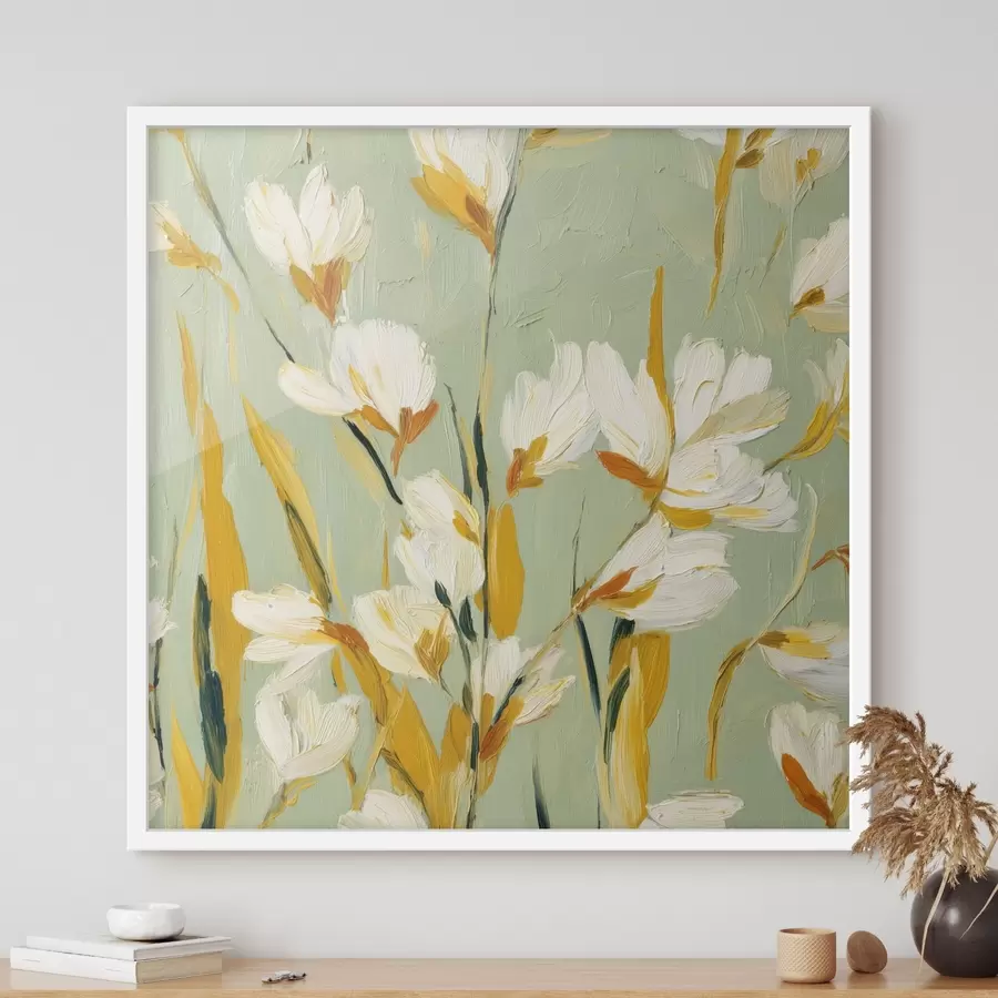 Fototapeta Białe kwiaty z żółtymi akcentami na miętowym tle w stylu brushstroke f45264
