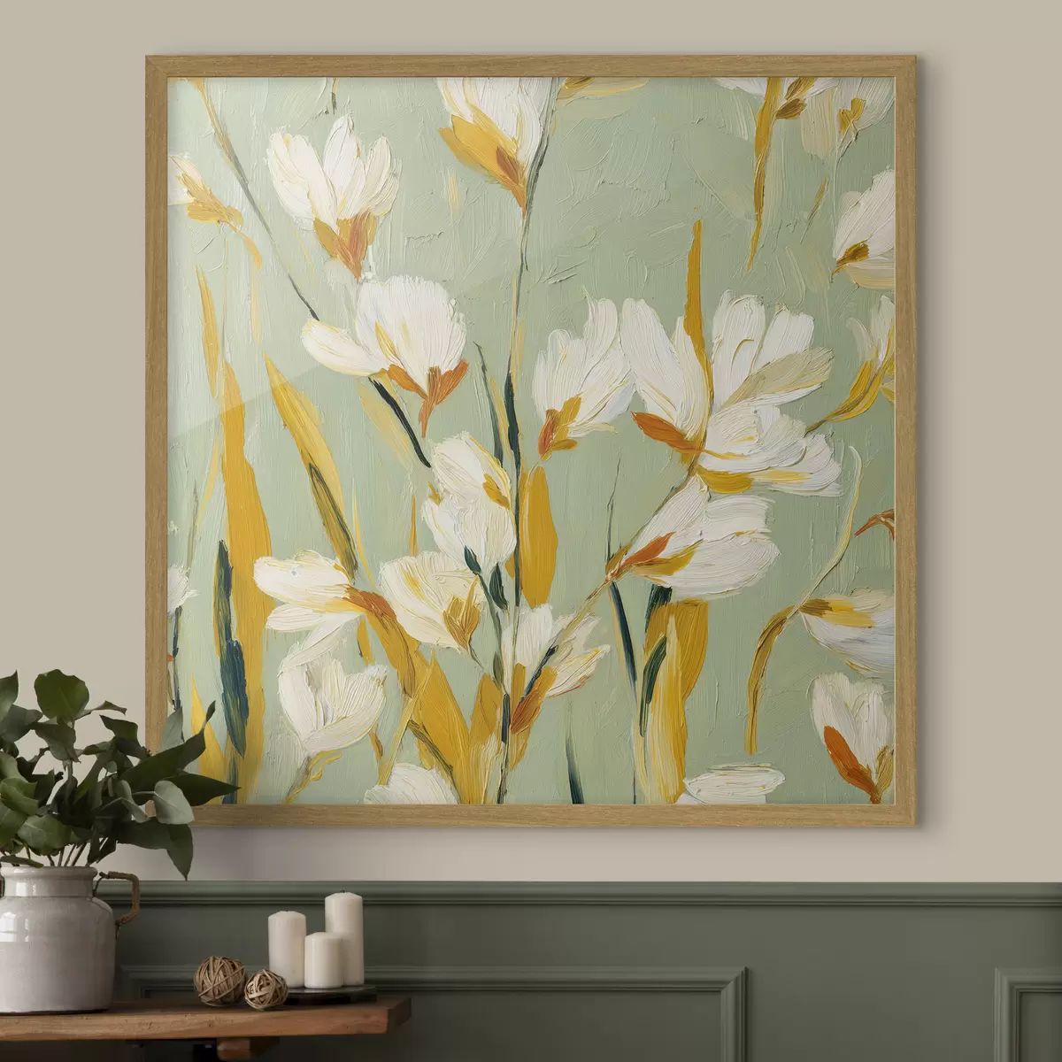 Plakat Białe kwiaty z żółtymi akcentami na miętowym tle w stylu brushstroke f45264