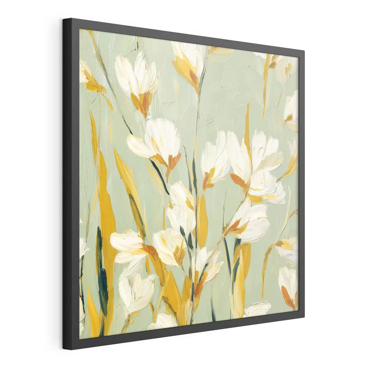Plakat Białe kwiaty z żółtymi akcentami na miętowym tle w stylu brushstroke f45264