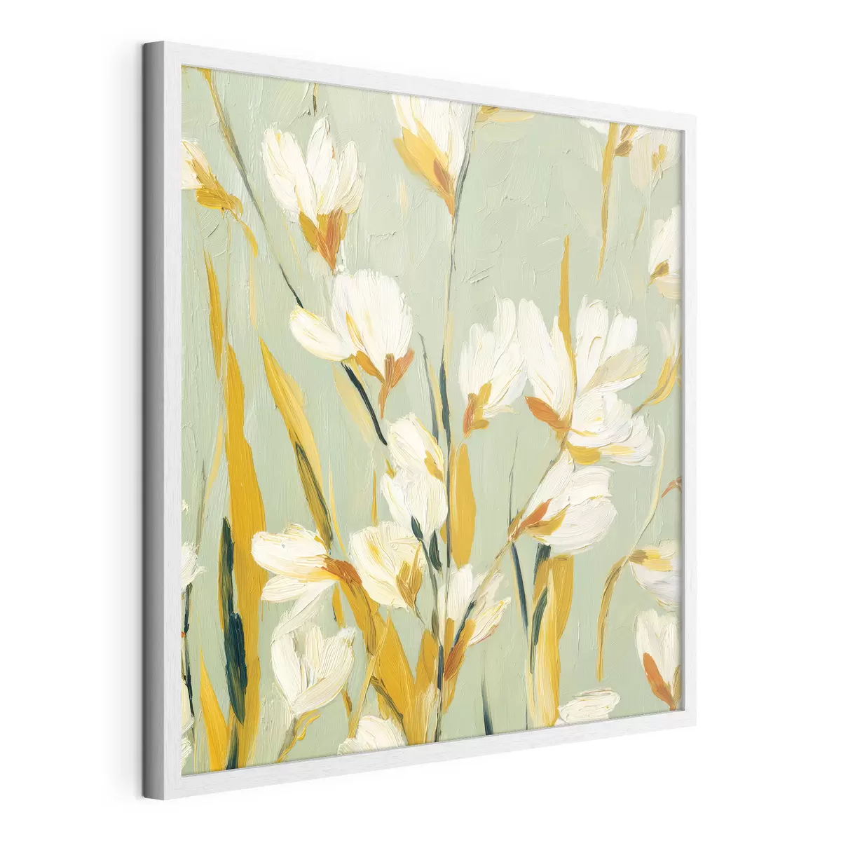Plakat Białe kwiaty z żółtymi akcentami na miętowym tle w stylu brushstroke f45264