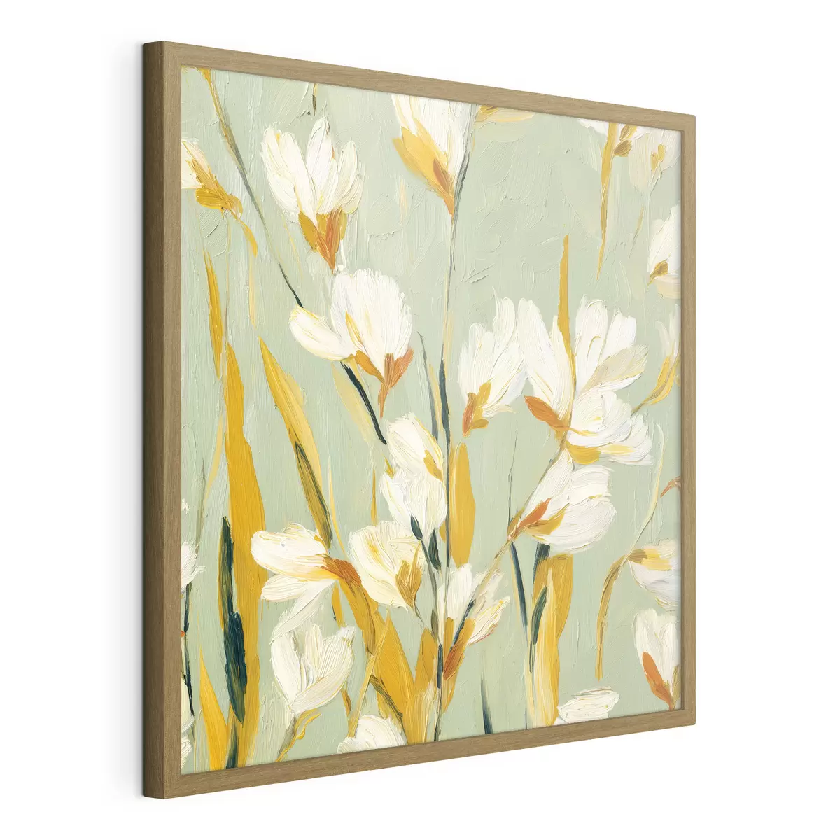 Plakat Białe kwiaty z żółtymi akcentami na miętowym tle w stylu brushstroke f45264