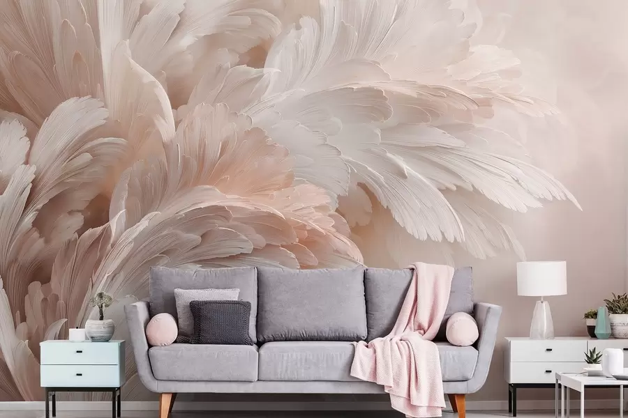 Fototapeta Zwiewne pióra i płatki w kremowych odcieniach różu w09301