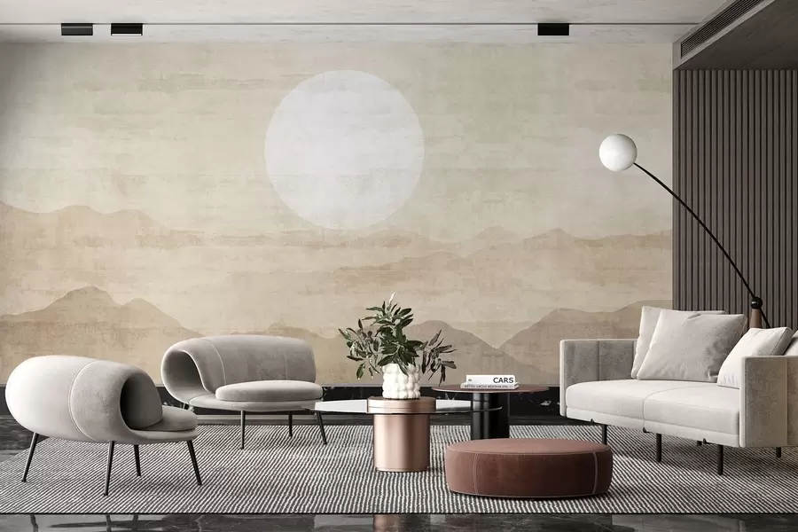 Fototapeta Minimalistyczny górski krajobraz z dużym białym słońcem w04345