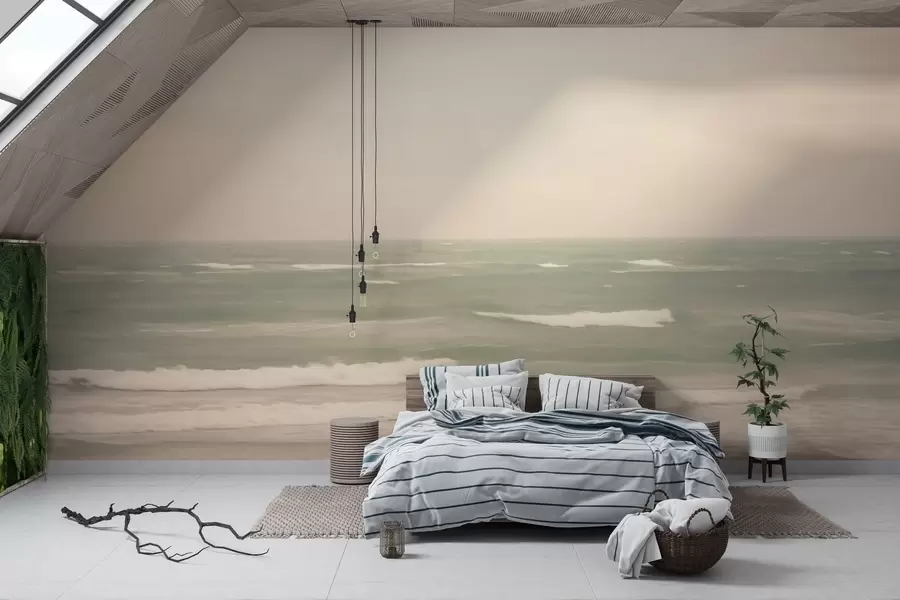 Fototapeta Delikatny różowo-zielony krajobraz morski z łagodnymi falami w04348