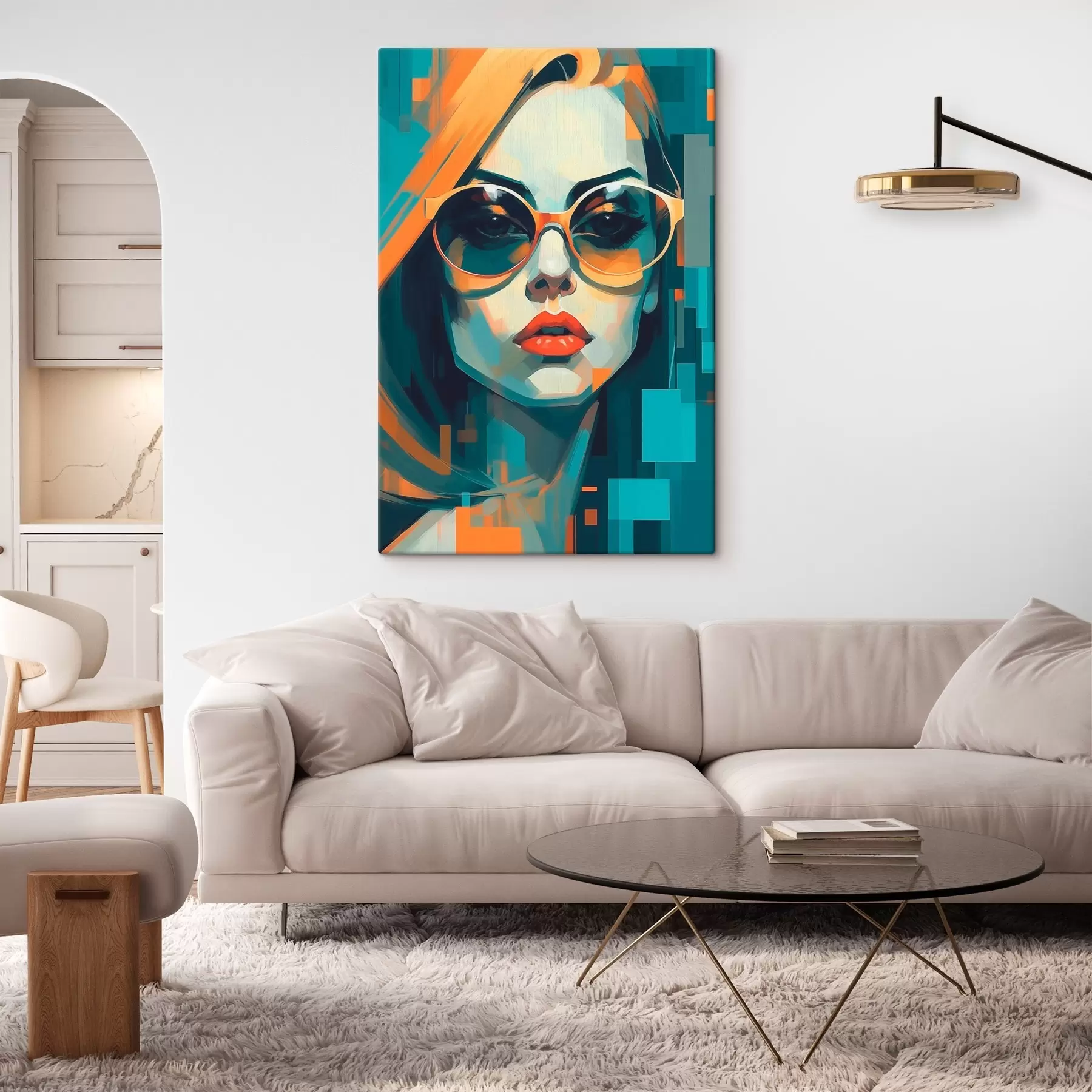 Obraz Kobieta w okularach przeciwsłonecznych w cyfrowym stylu pop-art s45327