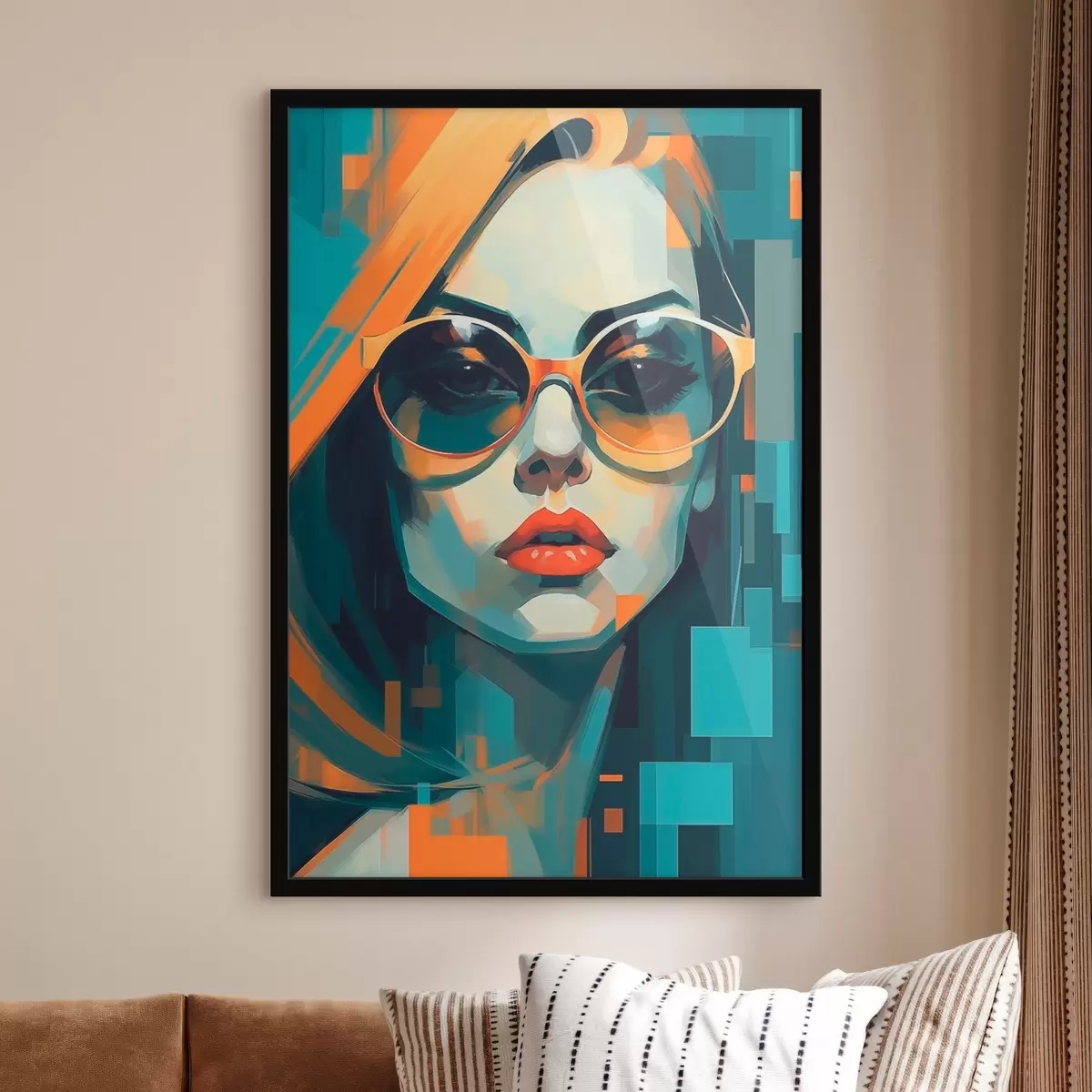 Plakat Kobieta w okularach przeciwsłonecznych w cyfrowym stylu pop-art f45327