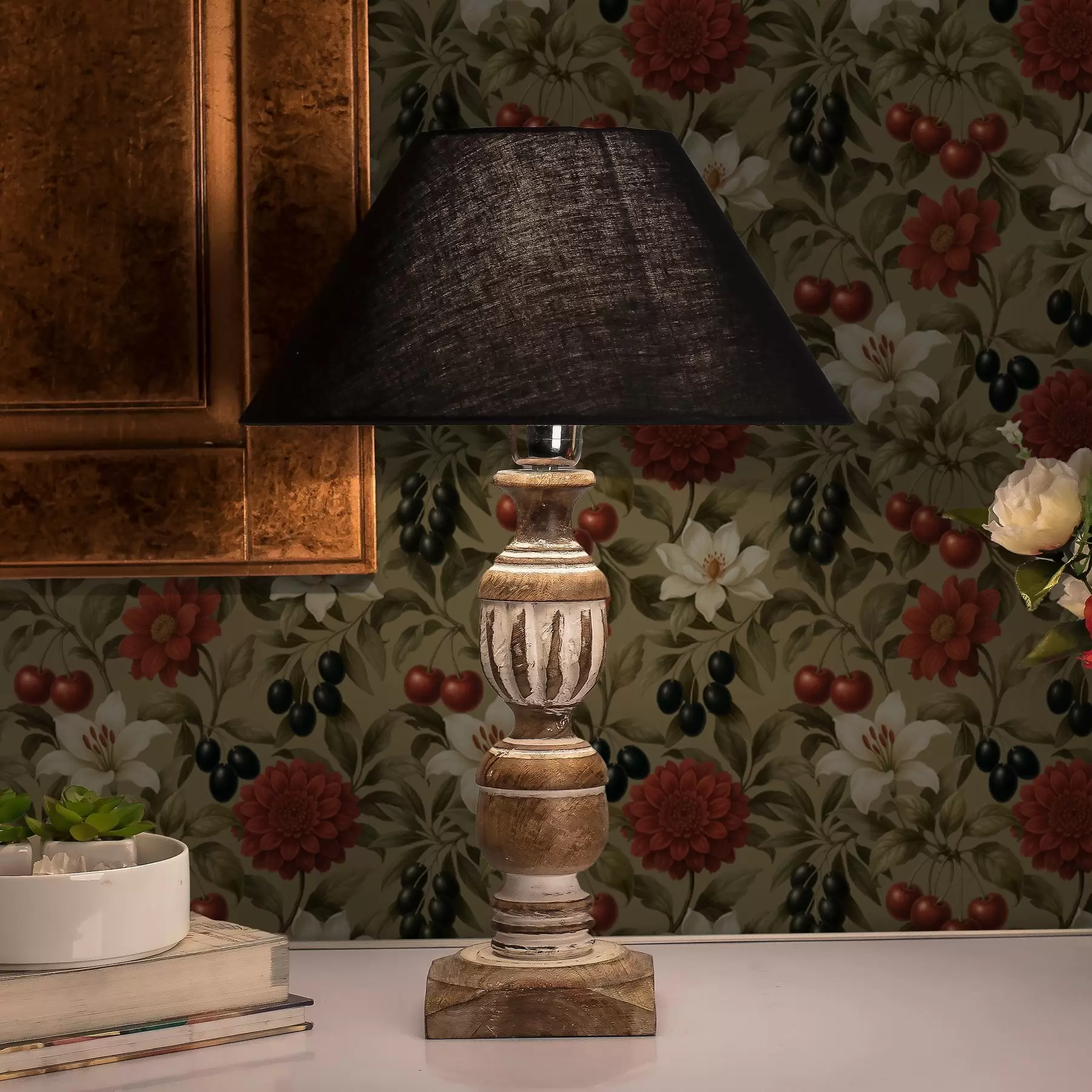 Fototapeta Wiśnie, kwiaty i czarne oliwki a00384