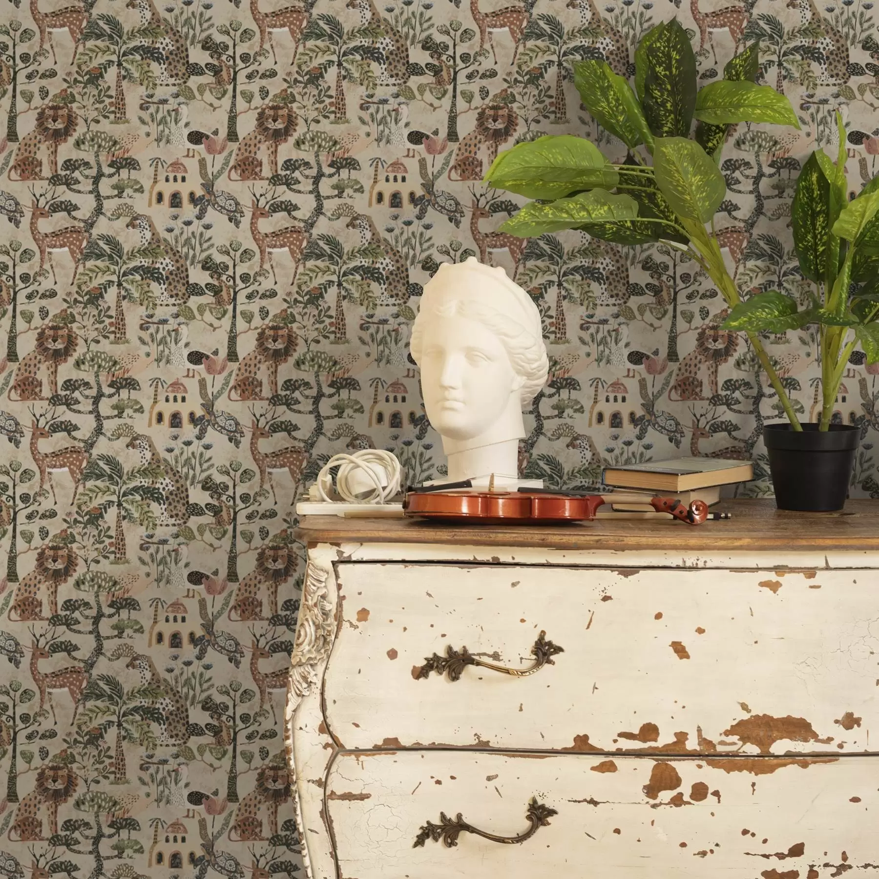 Fototapeta Zwierzęta safari i liście sawanny w ciepłych odcieniach ziemi a00392