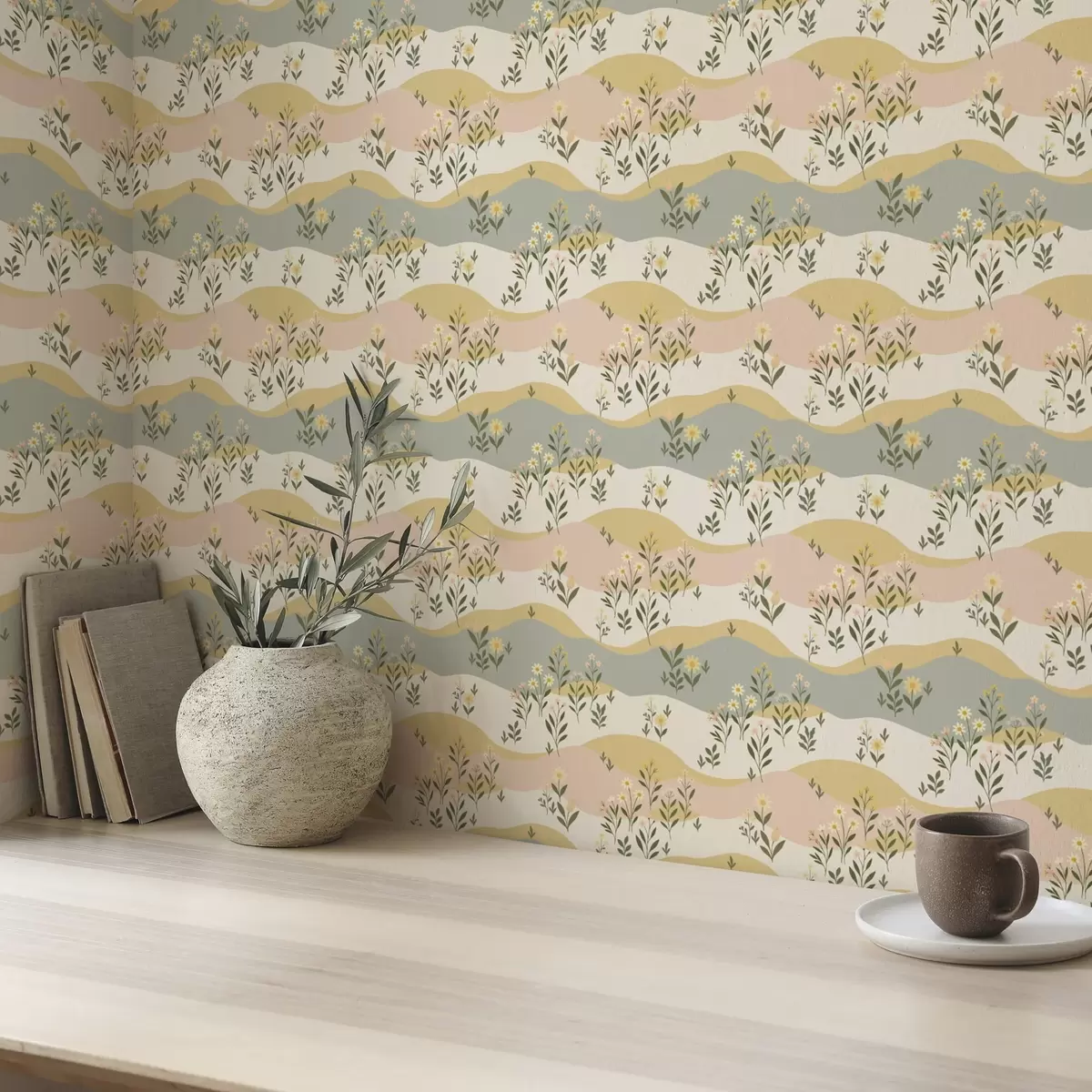 Tapeta Faliste kwiaty łąkowe w pastelowym, minimalistycznym stylu a00396