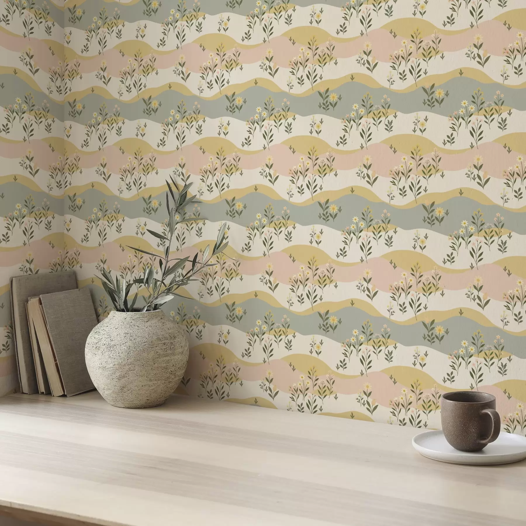 Fototapeta Faliste kwiaty łąkowe w pastelowym, minimalistycznym stylu a00396