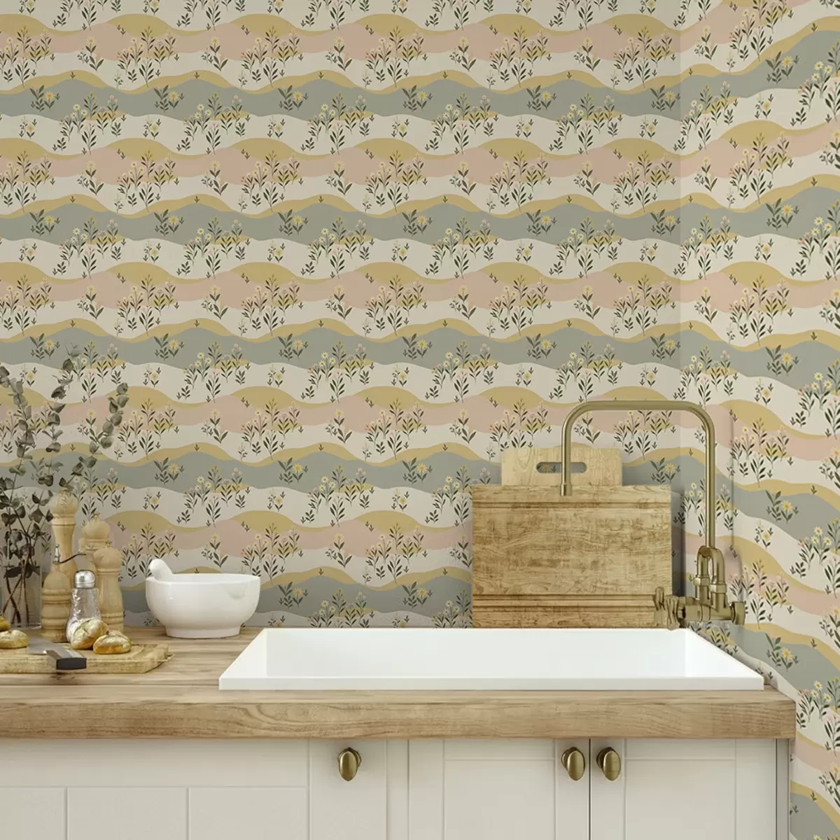 Tapeta Faliste kwiaty łąkowe w pastelowym, minimalistycznym stylu a00396