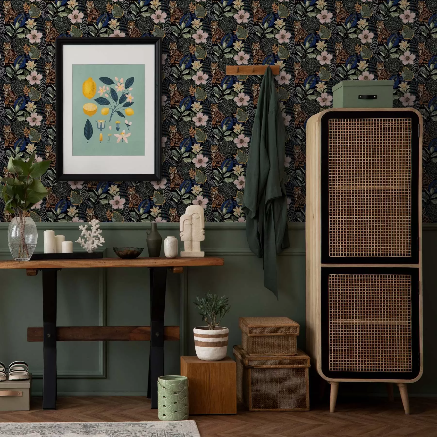 Fototapeta Tygrysy wśród jasnych tropikalnych kwiatów i liści a00426