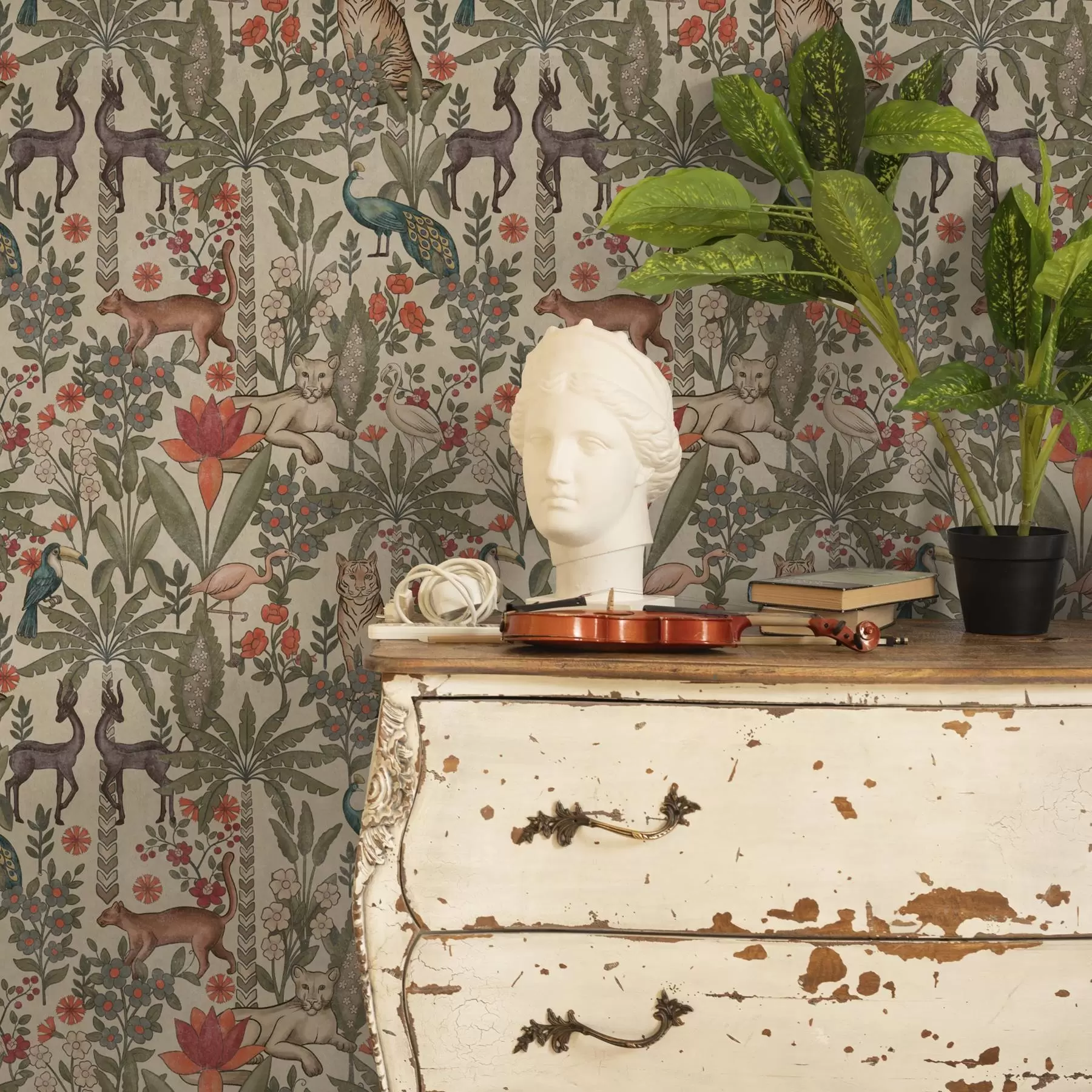 Fototapeta Styl retro: Zwierzęta i kwiaty na tle w stylu vintage a00431