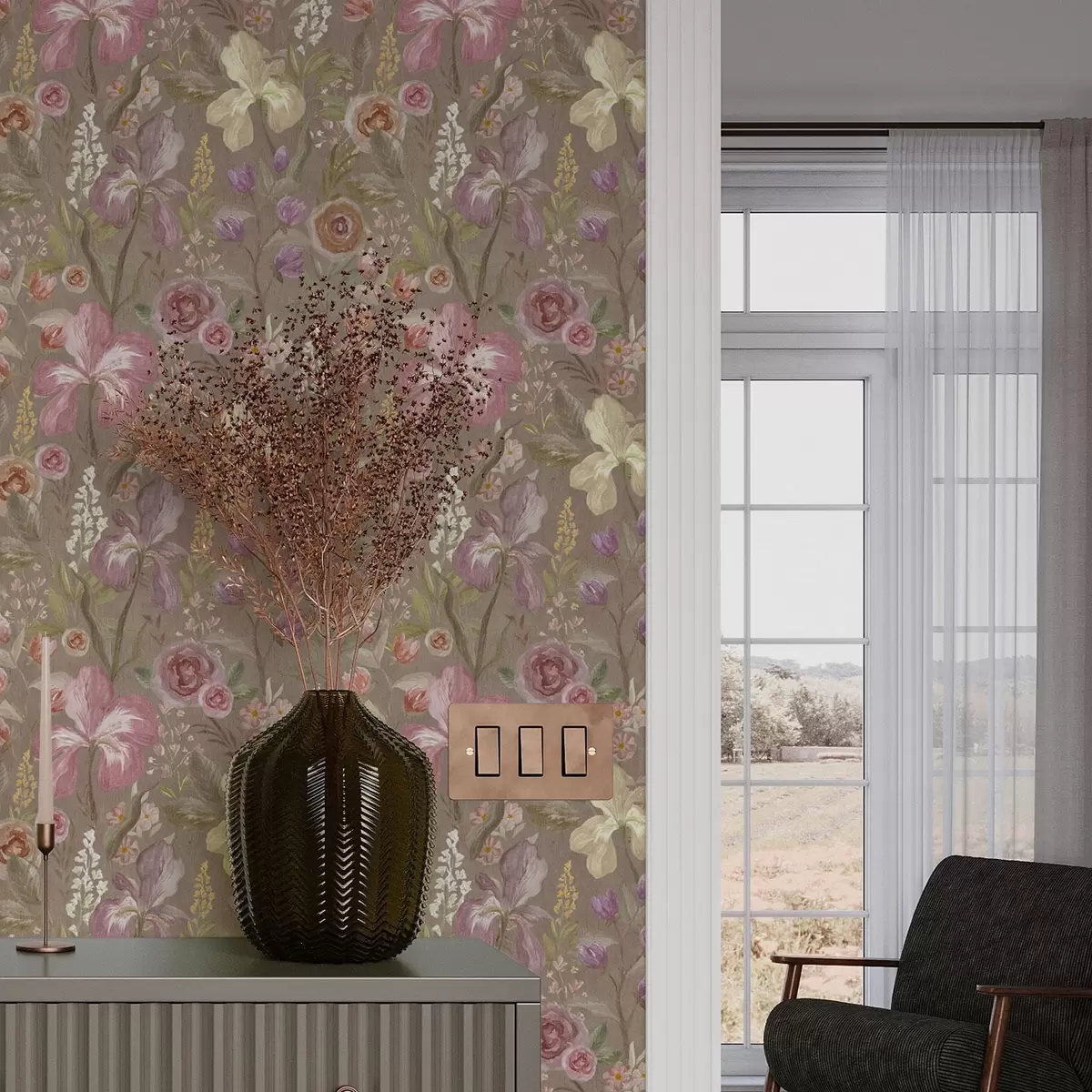 Tapeta Różowy kwiat irysa w stylu vintage na beżowym, teksturowanym tle a00457