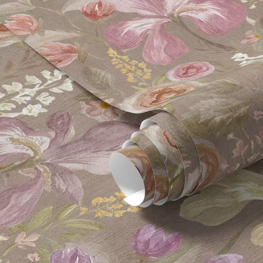 Fototapeta Różowy kwiat irysa w stylu vintage na beżowym, teksturowanym tle a00457