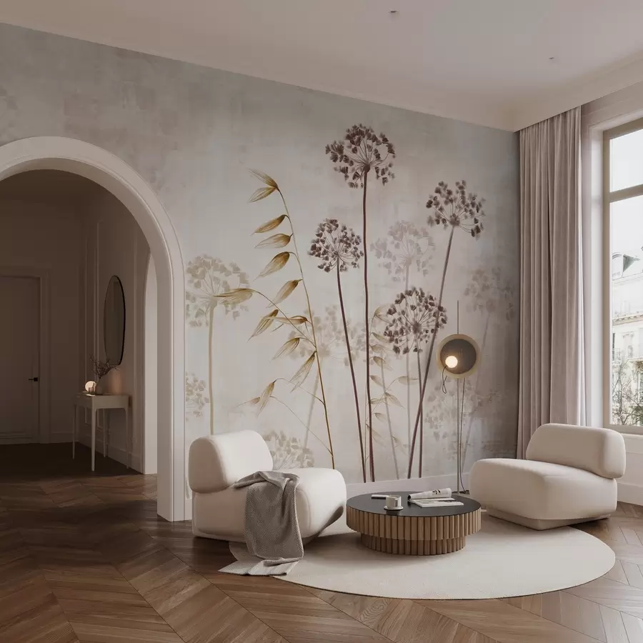 Fototapeta Rysunek suszonych kwiatów z długimi łodygami, monochromatyczna paleta, na teksturowanym, jasnobeżowym tle, ilustracja botaniczna w09314v1